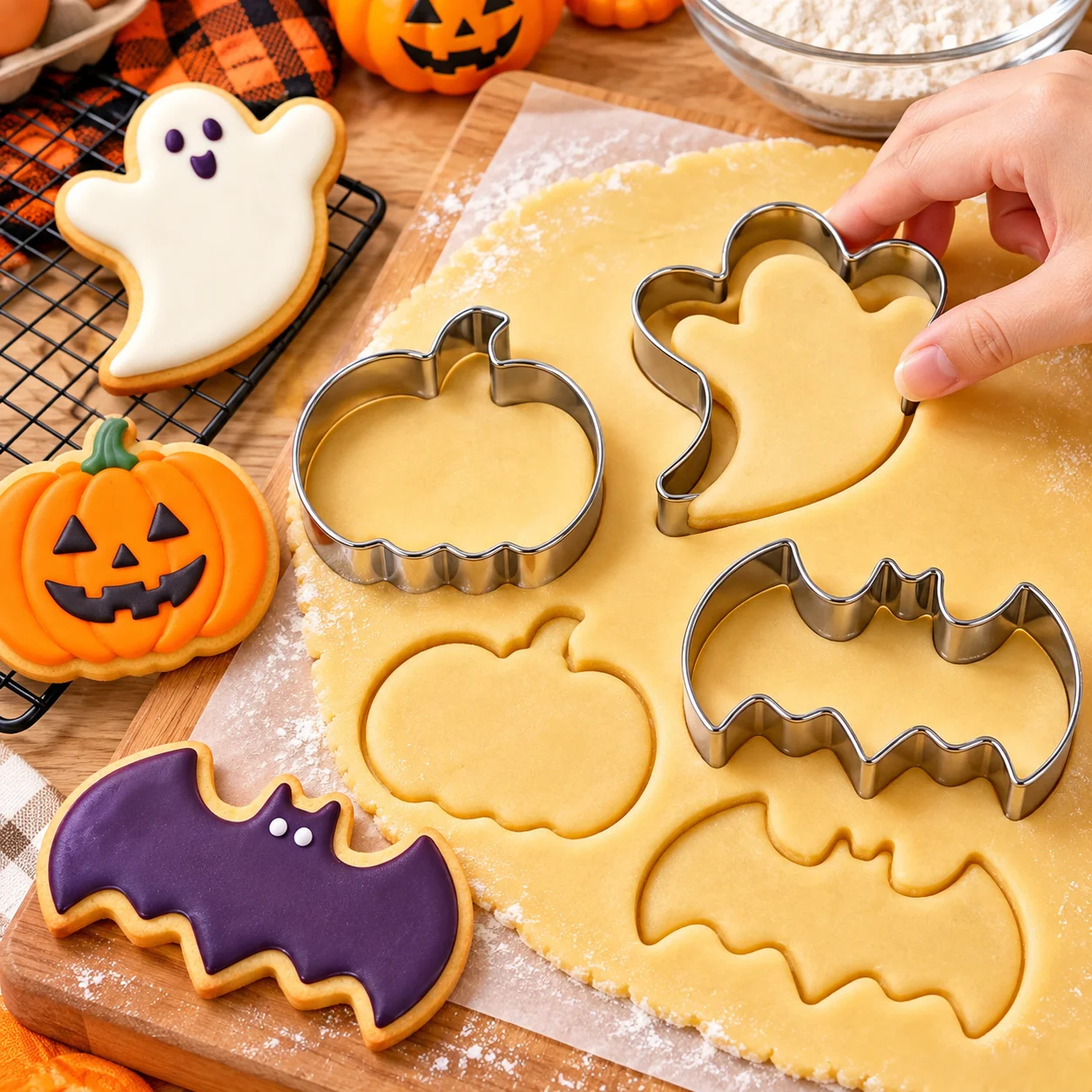 3-teiliges Halloween-Ausstechformen-Set aus lebensmittelechtem Edelstahl, Fledermaus-, Kürbis- und Geisterformen für Süßigkeiten, Obst, Pfannkuchen, Feiertags- und Heimbackwaren – Detail 3