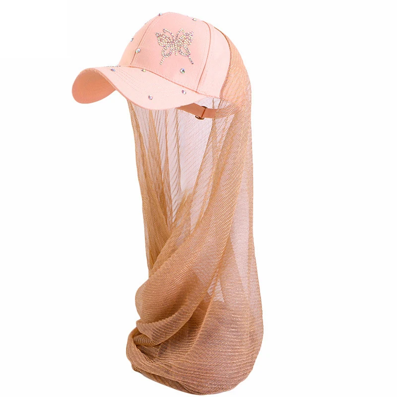 Mesh Hijab Scarf Sports Baseball Cap Instant Shawl Summer Outdoor Muslim Women Islam Headscarf Diamonds Butterfly Hat Brim Wrap