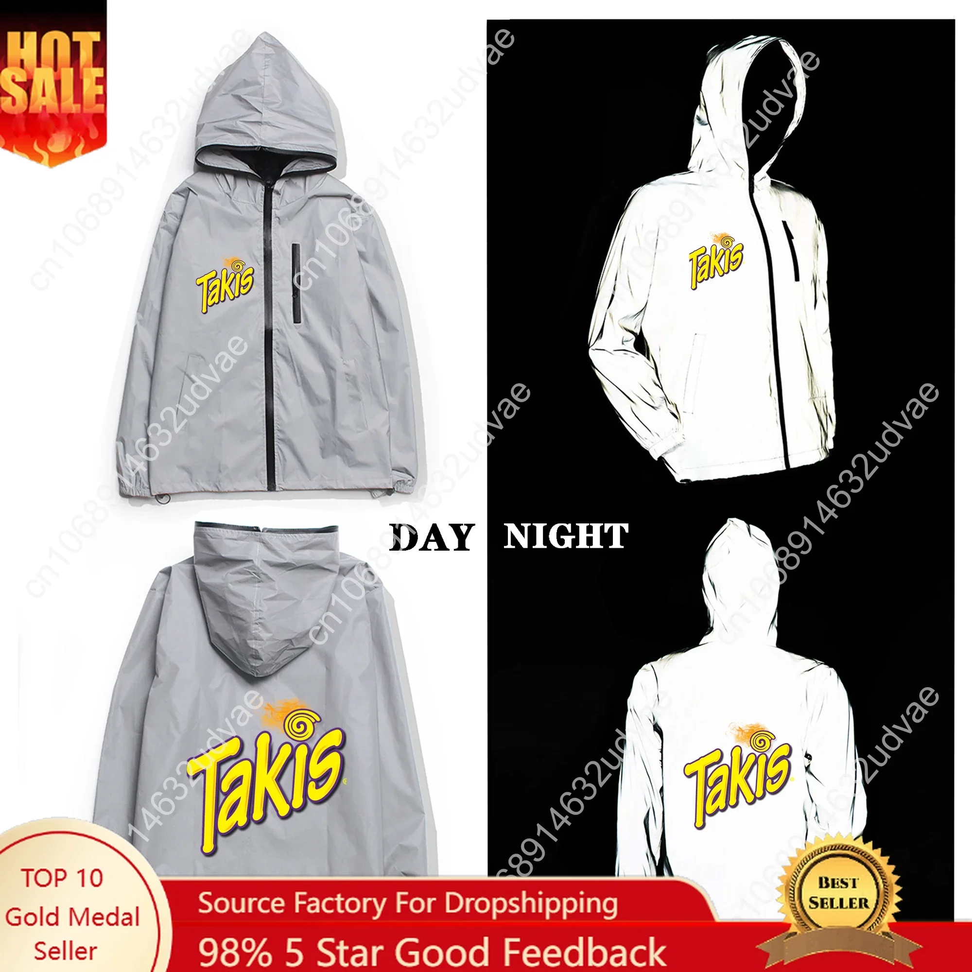Grappige Chips Takis Food Snack Reflective Jacket Mens Womens Coat Hooded Windbreaker Run Jackets Cycling Zipper Custom Hoodie