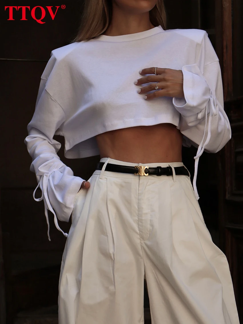 TTQV Kemeja Wanita Katun Putih Longgar Fashion Kemeja Wanita Lengan Panjang Leher-o Kasual Pakaian Wanita Atasan Crop Klasik Elegan