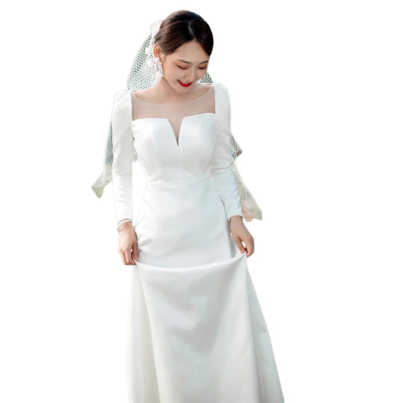 Robe de mariée française légère à manches longues, robe de mariée en satin, tempérament simple, Mori tendance, photographie de voyage, sortie, bienvenue, nouveau