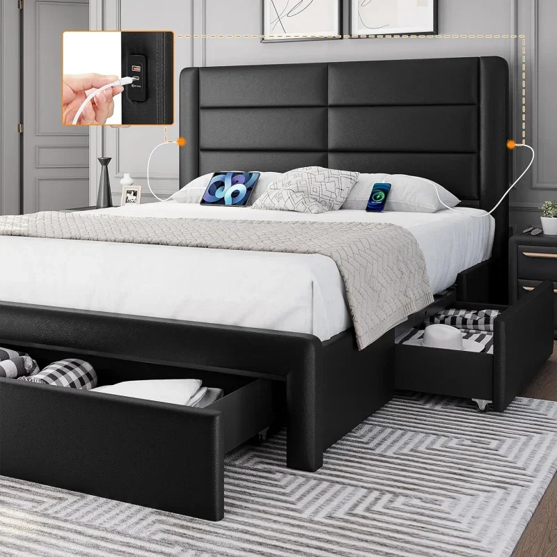 Yaheetech Queen Size Bed Frame Platform with 2 USB Charging Station/Port for A&Type C/3 Storage Drawers,Leather Upholst