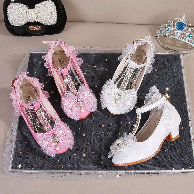 White Shoes Girl Princess Spring And Autumn New Girl Evening Dress Shoes Students Show White Pink High Heel Lace Shoes