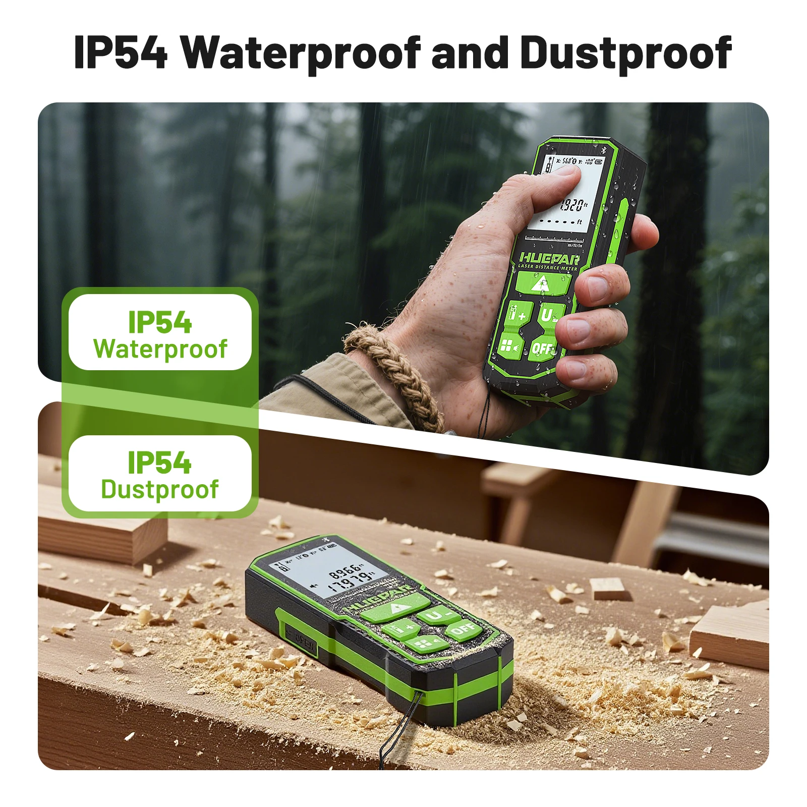 

Лазерный дальномер Huepar 60M с точностью 1/16 дюйма, Bluetooth, зеленым лазером и датчиком угла