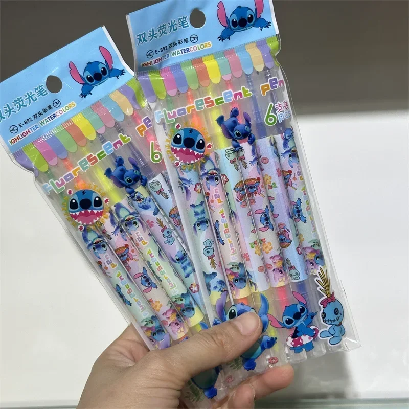 6 PCS Disney Stitch Double-ended Color Changing Highlighter Marker Set Student Diary Painting DIY Children's Toy Birthday Gift