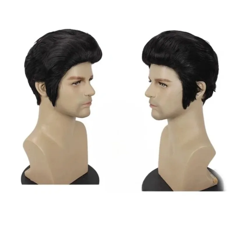 50's Men's Black Wig Synthetic Hair Vintage 1950s Rocker Costume Wig Halloween Fancy Dress Party Cosplay Wigs