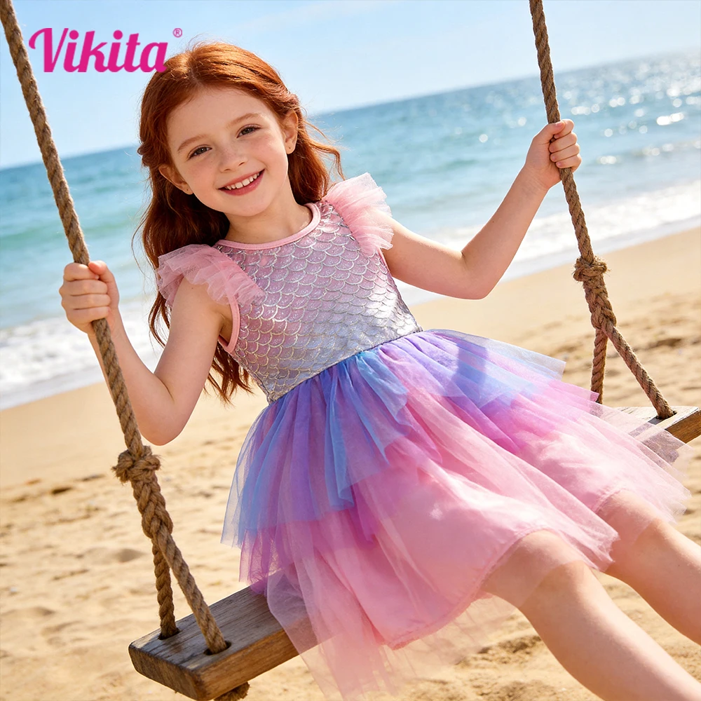 VIKITA Mädchen-Tüllkleid mit silbernen Fischschuppen, Sommerkleid mit ausgestellten Ärmeln, Ombre-Stil, glänzender Farbverlauf, Tüll-Prinzessinnenkleid für Kinder
