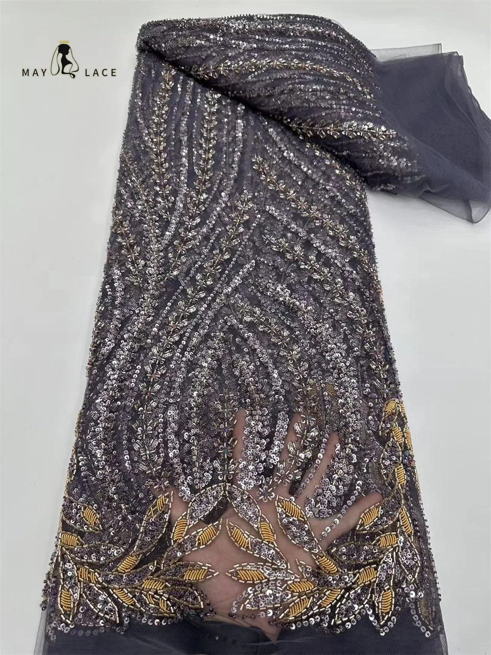 

African Luxury Groom Sequins Lace Fabric 2026 High Quality Lace Embroidery Beaded Mesh Fabric 5 Yards For Women Wedding Dresses