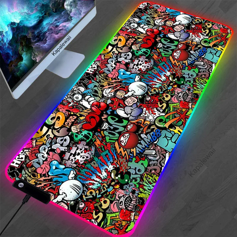 

Colorful Anime Graffiti Mouse Pad RGB Mousepad Large XXL Gamer Mause Mat LED Backlight Gaming Accessories Keyboard Mouse Carpet