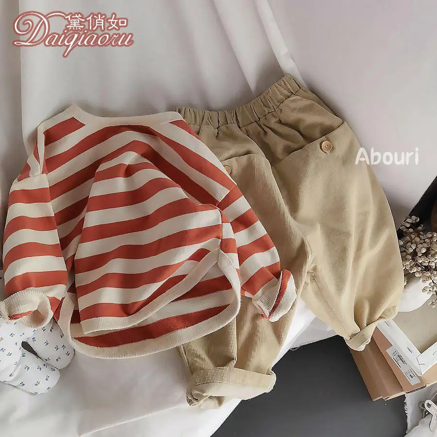 

2022 Spring Autumn Girls Boys 2pcs Suit Baby Kids Children Clothing Set Including Stripe Shirt+ Pant