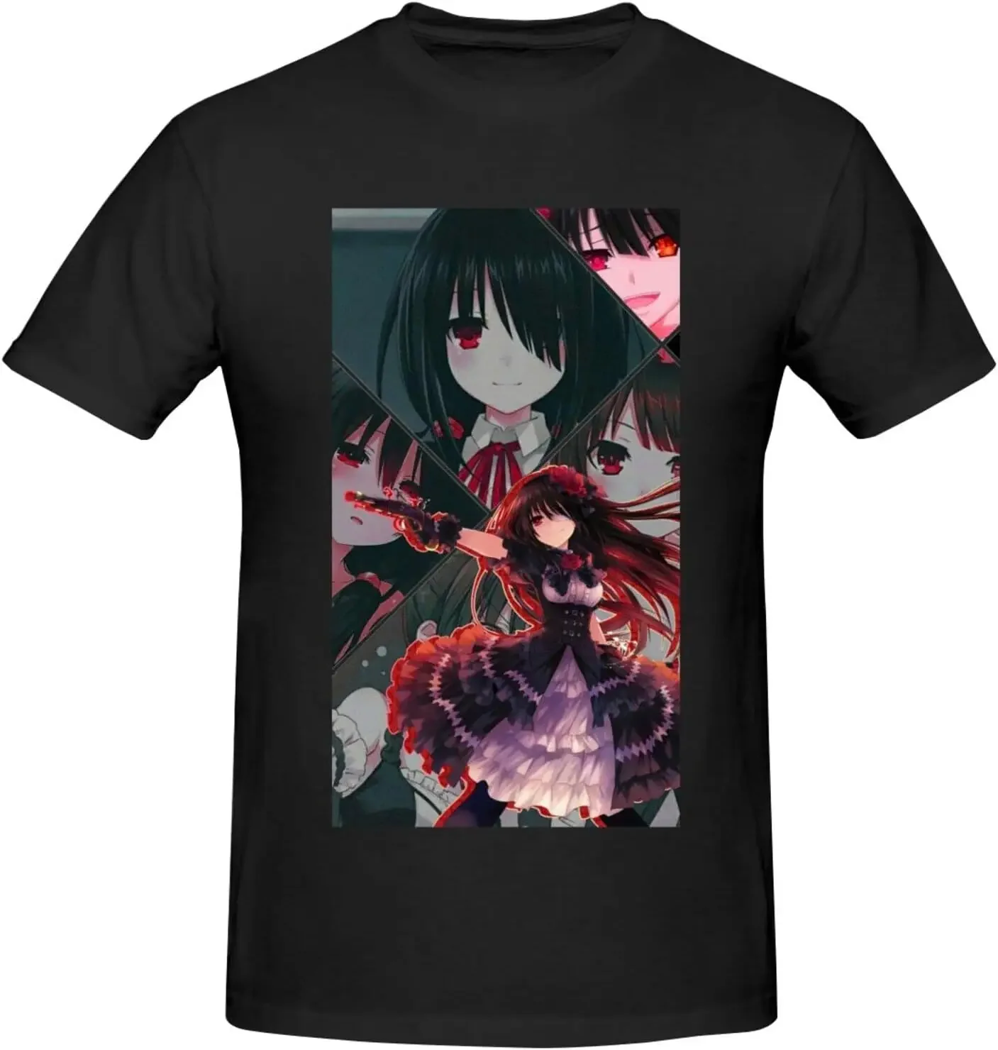 Date A Live Kurumi Tokisaki Men's T-Shirts Cotton Short Sleeve Crew Neck Fashion Graphic Print Tees Black