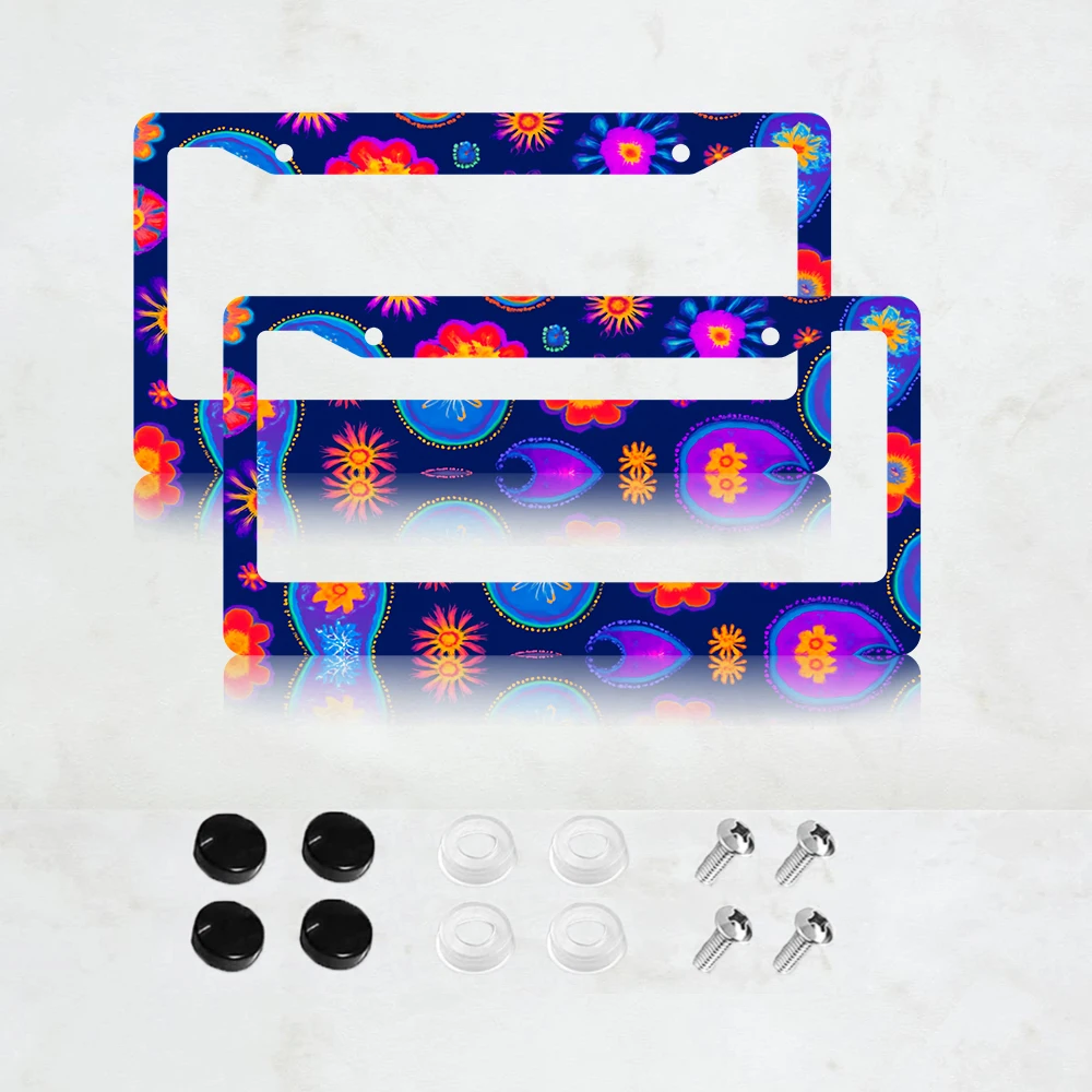 

2 шт. синих рамок для номерных знаков с 2 отверстиями и красочным цветочным дизайном, алюминиевые, 6x12 дюймов, в комплекте с винтами.