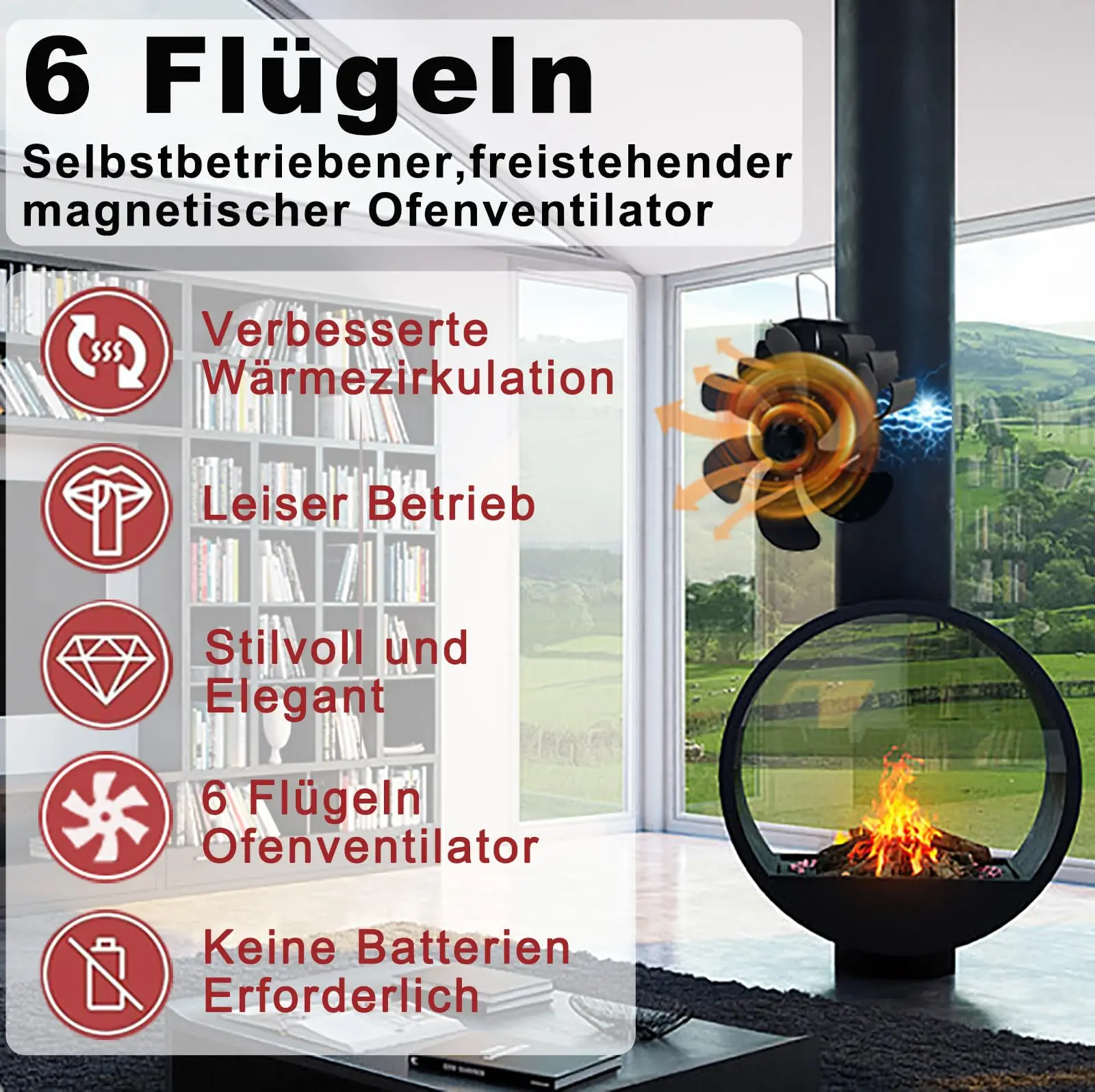 Magnetic 6-Blade Heat Powered Wood Stove Fan for Chimneys and Pipes Efficient Heat Circulation Suitable for Wood/Log Burner