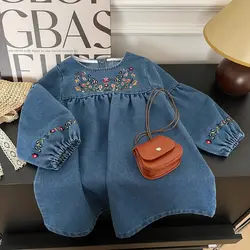 Girls' Dress Spring and Autumn New Children's Soft Denim Embroidered Dress Long Sleeve Korean Edition Stylish Versatile