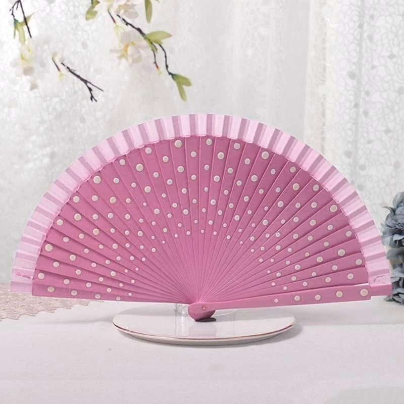 

E8BD Spanish Handheld Folding Fan for Womens Vintage Dots Pattern Hand Fan for Wedding Dancing Party Decorations