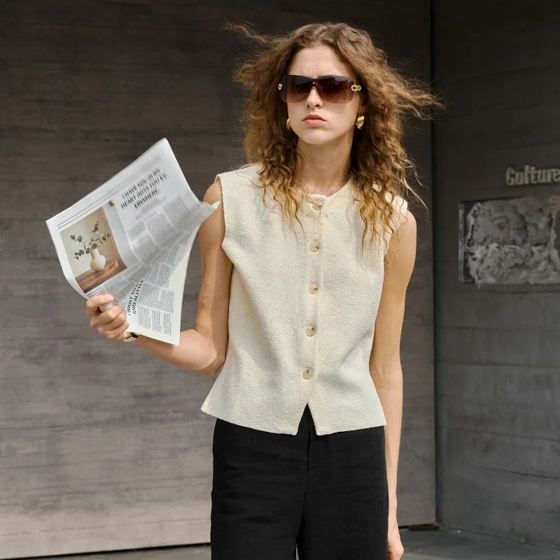 Retro Knitted Vest Women Sleeveless O-neck Button Up Pullover Casual Top Summer Tank Top Elegant Streetwear Office Lady Cardigan