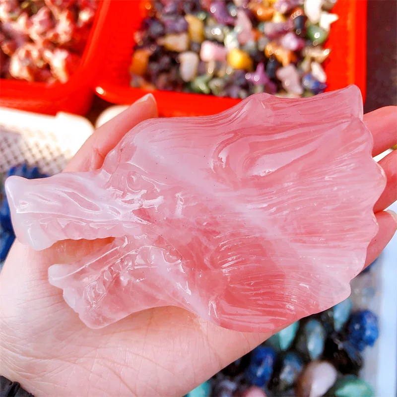 Natural Rose Quartz Wolf Head Crystal Animal Carved Reiki Healing Stone Figurine Home Ornaments Decor Gift 1pcs