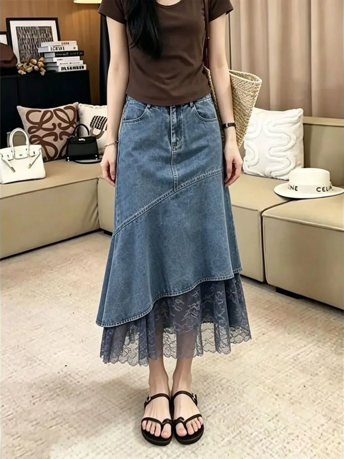 Lace Splicing Denim  Skirt Women's Autumn New Irregular Commute Fashion Match Design Long Skirt European Style Casual
