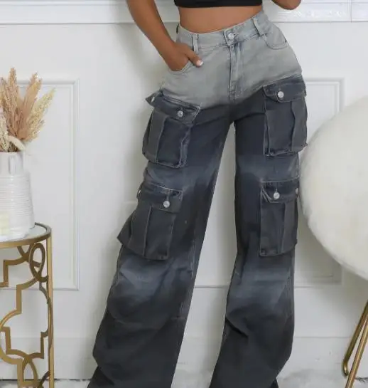 

Personalized Street Jeans Fashion Women's Multi Pocket Nail Buckle Gradient Color Workwear Straight Tube Trendy Denim Pants