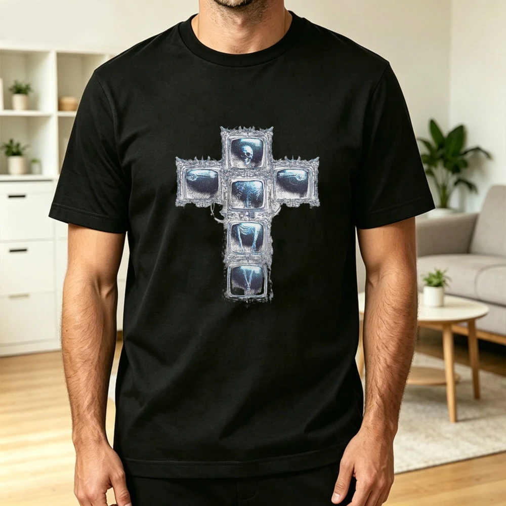 Retro Gothic Cross TV Skeleton Graphic T-Shirt Y2K Gothic Cross Graphic Tee Edgy Cyber Goth Casual Tshirt Men Women Fashion Tops