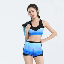 Gradient Blue Three Piece Swimwear Women Long Sleeve Swimsuit With Fake-two Shorts Split Swimming Suit Sportswear Beachwear
