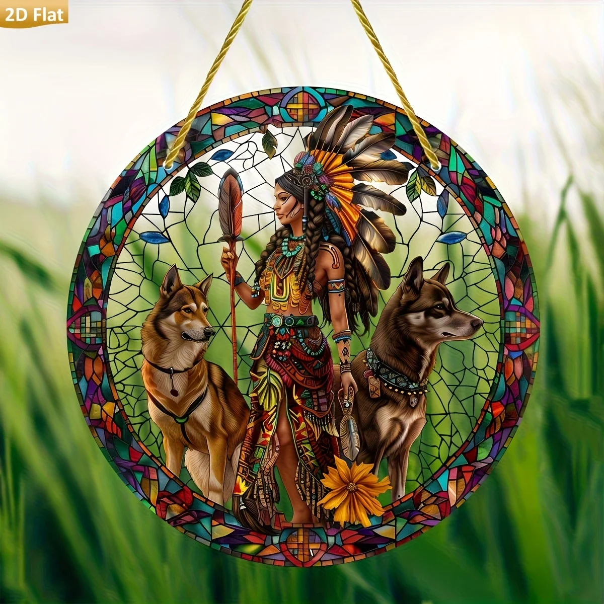 2D Flat, Vibrant Acrylic Suncatcher with Indigenous Woman and Dogs Design - Stained Glass Style, Colorful Home Decor for All Sea