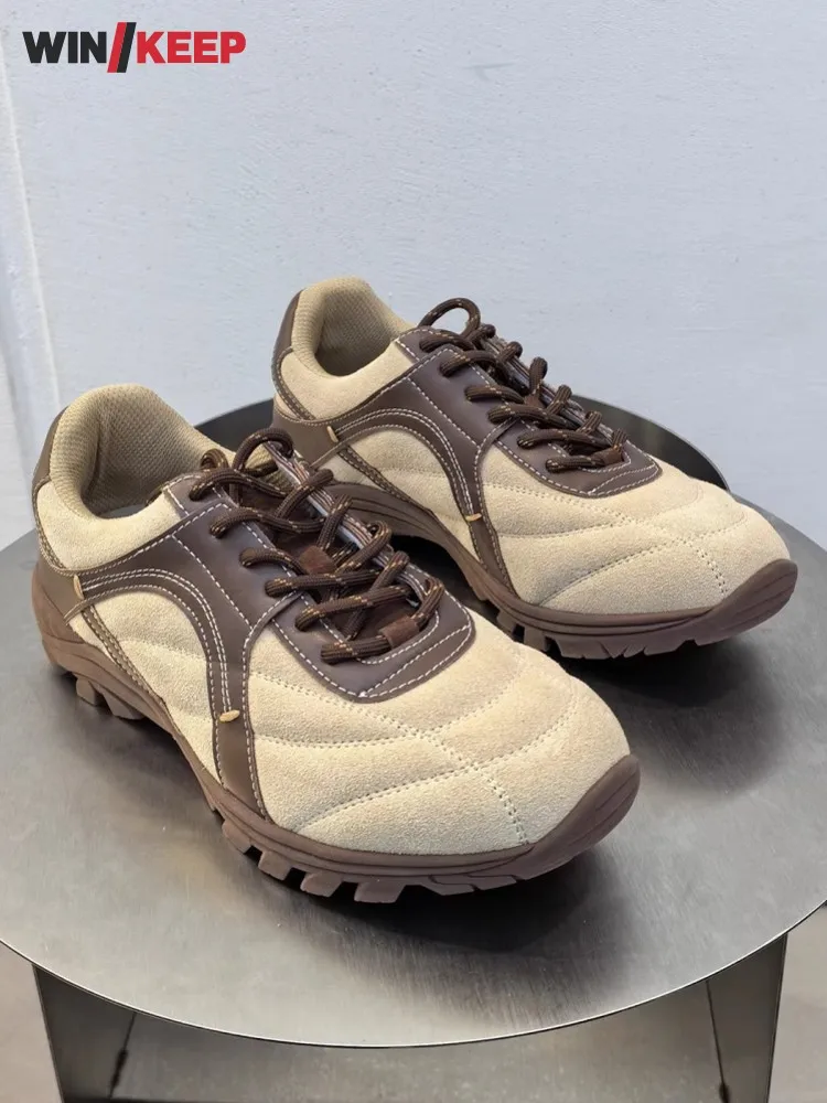 

Women Lace Up Thick Bottom Jogging Sneakers Suede Spliced Cow Leather Breathable Female Sport Shoes Platform Running Trainers