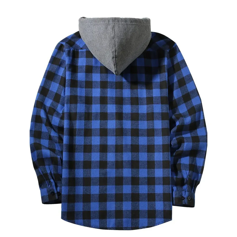 2025 New Flannel Hooded Men's Shirts Long Sleeve Classic Plaid Casual Shirt Button-Up 2-Pocket Colthing Thin Coat Shirt for Man