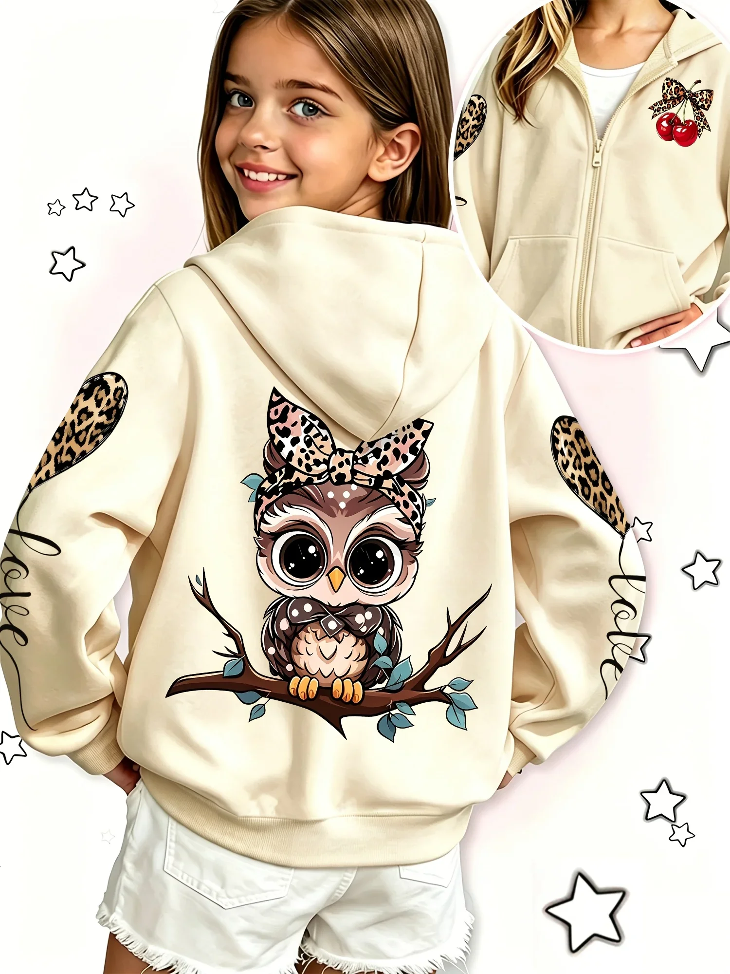 Unisex Kids Leopard Bow Owl Zip Up Hoodie Leopard Print Sleeve Print Autumn Winter Sweatshirt