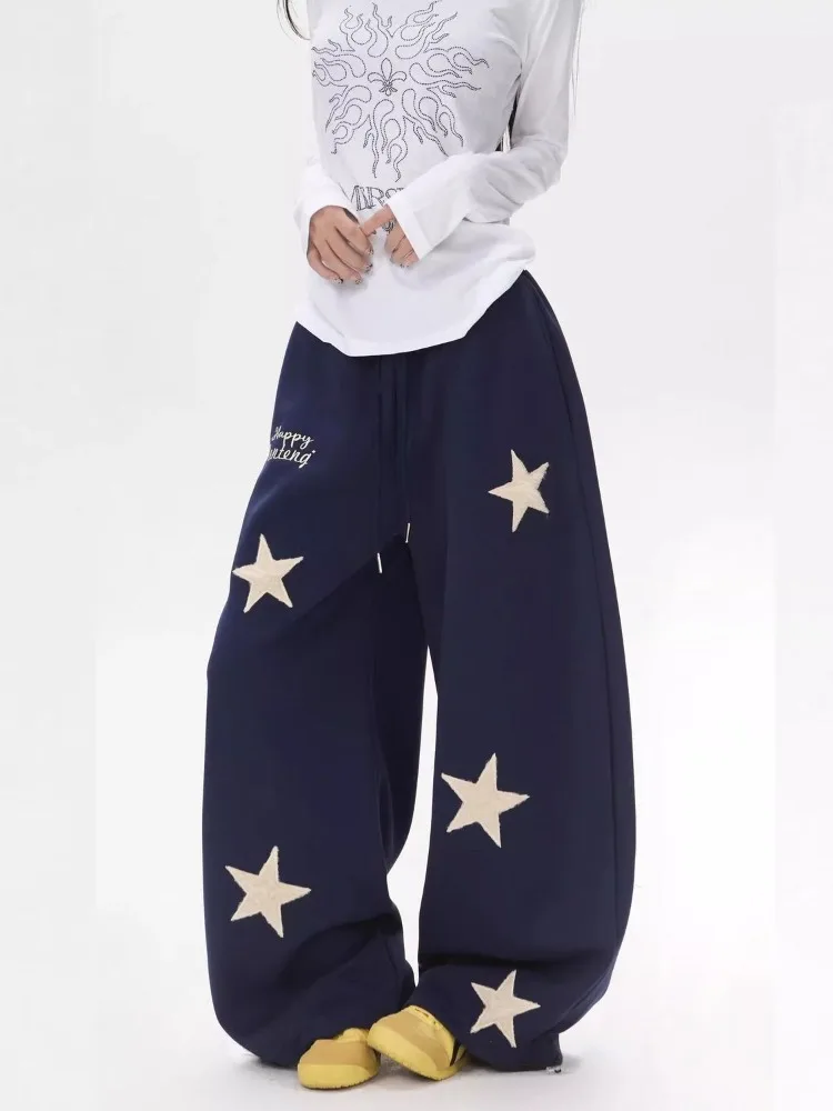 Women's Star Pattern Splicing Design Sweatpants Spring Young Girl Wide Leg Trousers Female High Waisted Vintage Hip Hop Pants