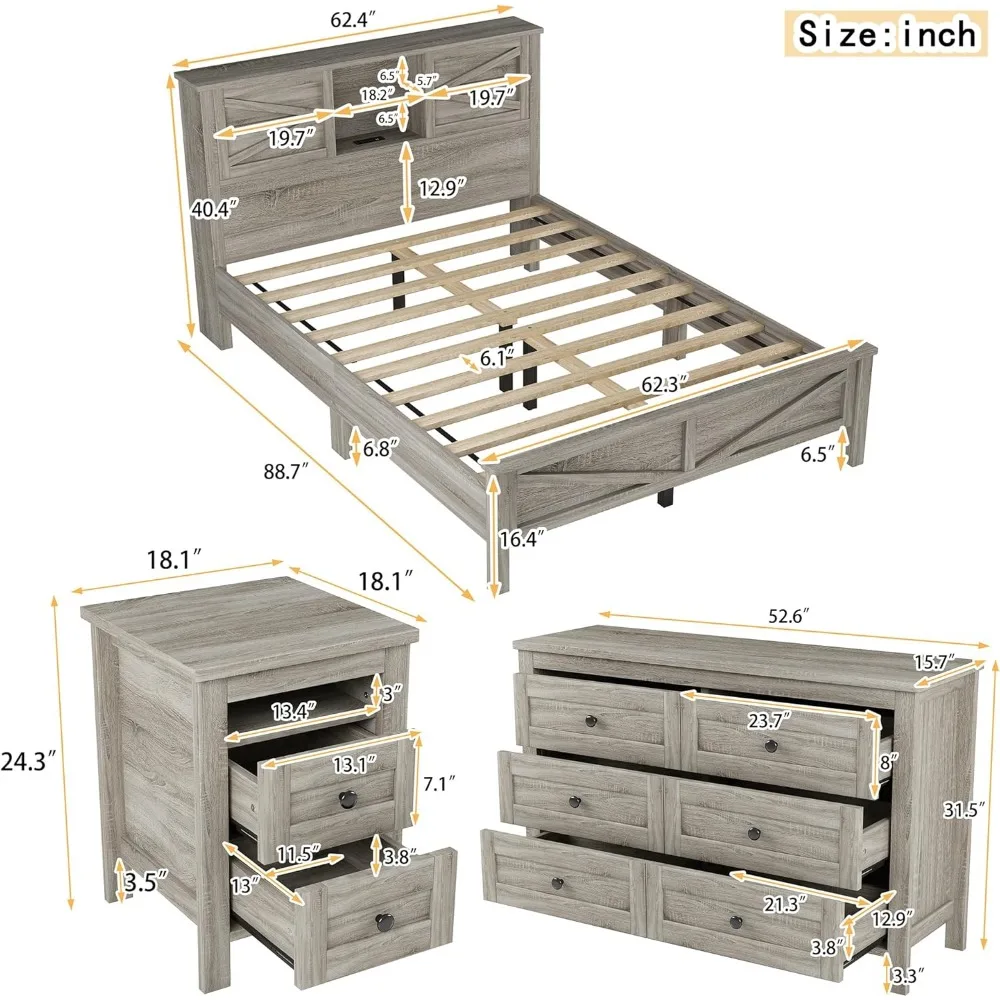 3-częściowe zestawy do sypialni Farmhouse, łóżko na platformie w rozmiarze queen z szafką nocną i schowkiem na 6 szuflad, łóżko na platformie z drewna