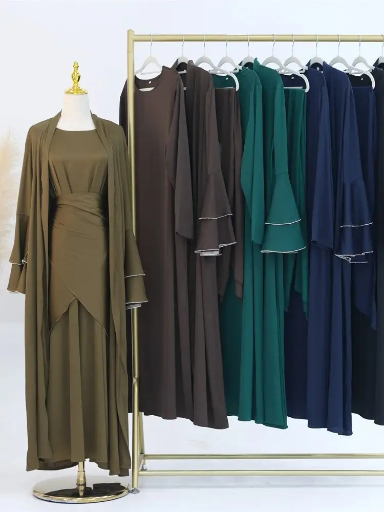 Ramadan Eid Mubarek donne Dubai musulmano 3 pezzi Abaya Set caftano turchia Islam Hijab vestito Kimono Ensembles Musulmans Djellaba