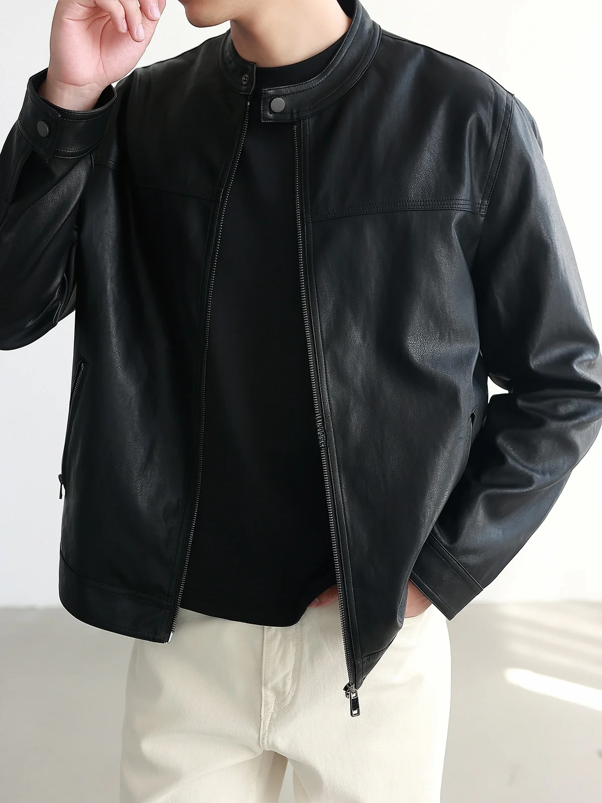 American Hard Man Retro Stand Collar Leather Jacket Men's Shoulder Light Luxury Minimalist Trending Motorcycle Outerwear