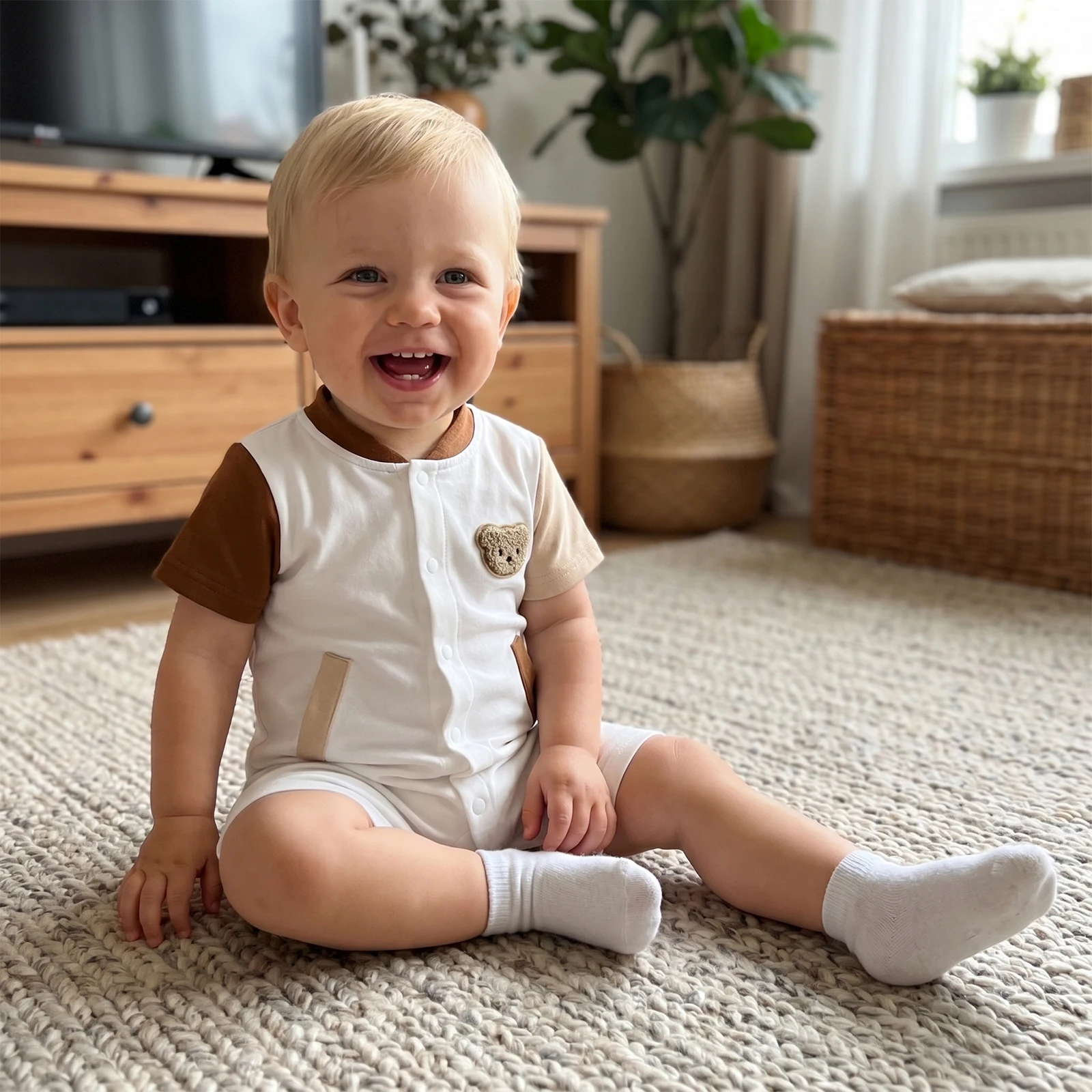 Baby Boy Summer Romper Bear Embroidered Contrast Short Sleeved Button-up Collar Jumpsuit Baby Cotton Playsuits