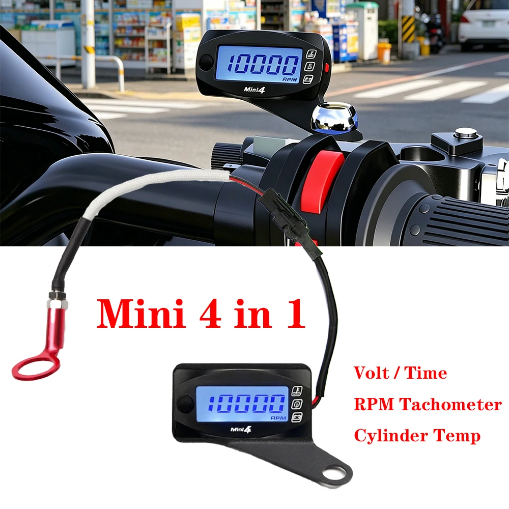 KAIUVE Misuratore di Temperatura Cilindro Moto 4 in 1, Voltmetro, Cronometro, Tachimetro RPM, Mini LED