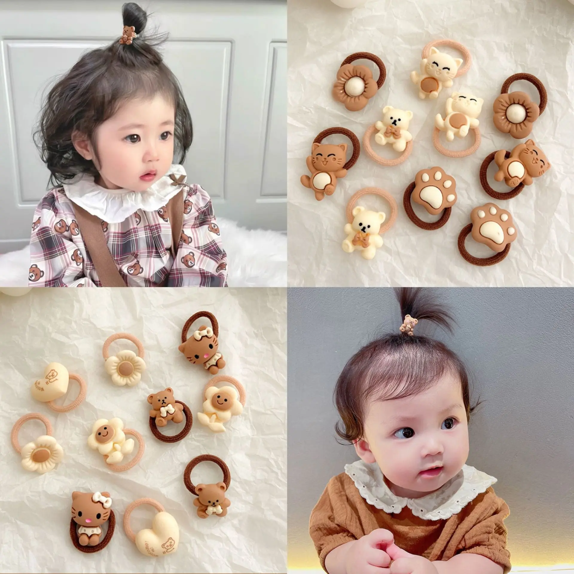 10 PCS/Set Cute Bear Rabbit Baby Hair Ties Child Elastic Mini Cartoon Animal Flower Ponytail Holder Rope No Hurt Hair Scrunchie