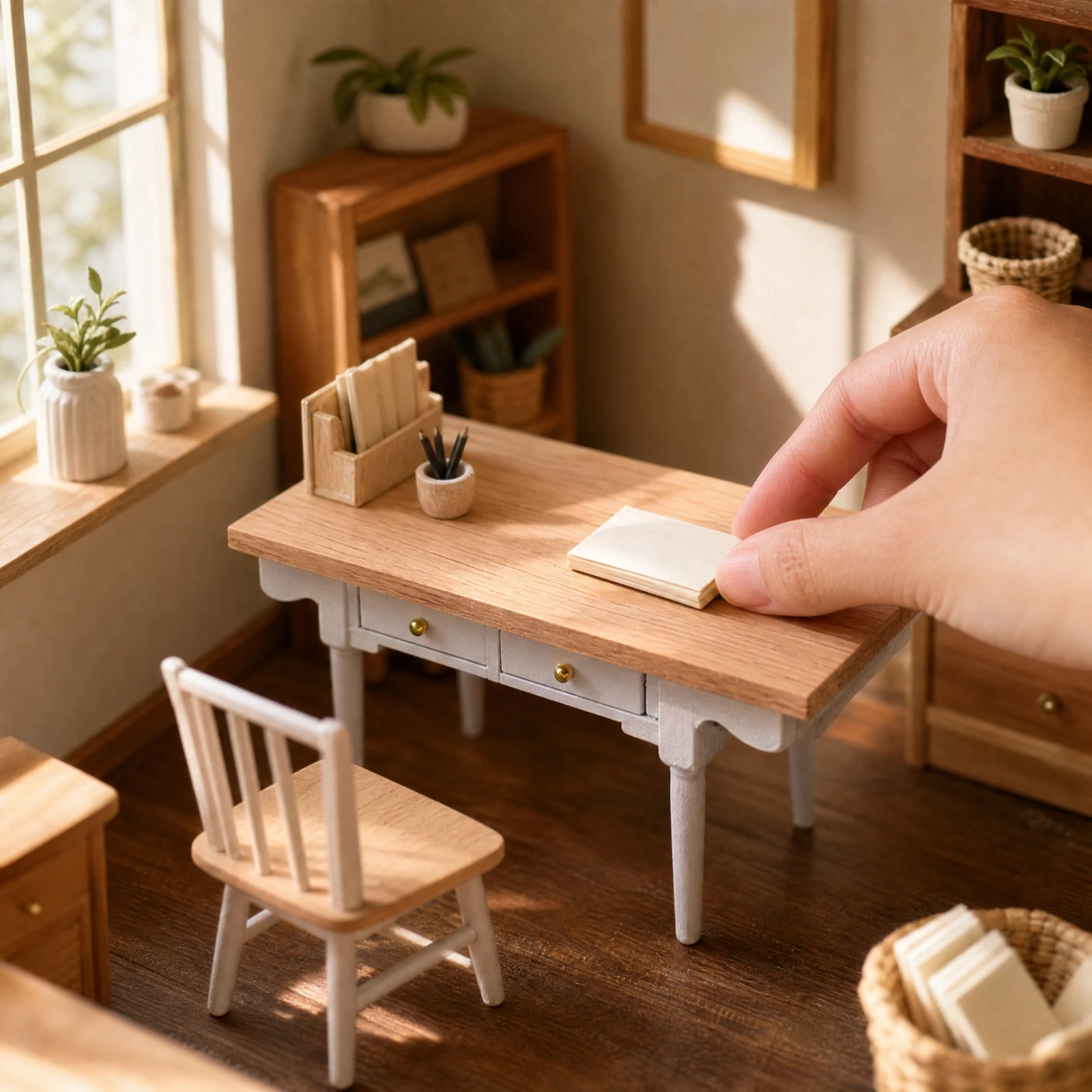 Miniature Furniture Detailed Wooden Miniature Desk with Drawers Furniture Compact for Decorative Display, Model Room Setups