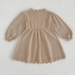 2-6Yrs Kids Knitting Dress Long Sleeve Solid Hollow Baby Girls Knitting Princess Dress Spring European&America Autumn Dress