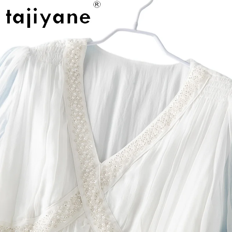 TAJIYANE 100% Mulberry Silk Beading White Dresses Woman Long Dress Lantern Sleeve Dresses for Woman V-neck Summer Dresses 2026