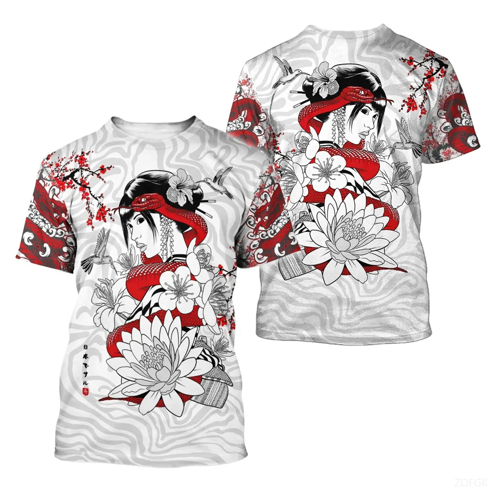 2026 Japanese Ukiyo‑e Geisha Floral Print Men’s Round Neck T‑shirt, Full Print Lotus Plum Blossom Casual Short Sleeve Top