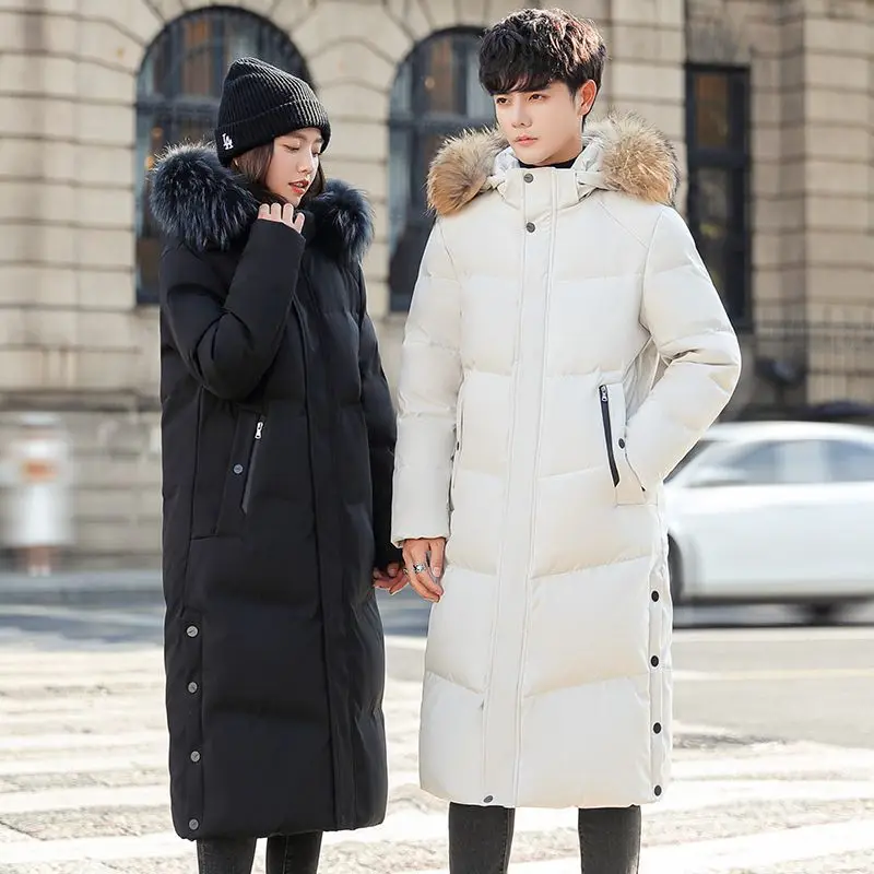 Couple Jacket Winter Thickened Over Knee Long Down Jacket Men's Loose Hooded Cold-proof Warm Large Size Student Coats Women