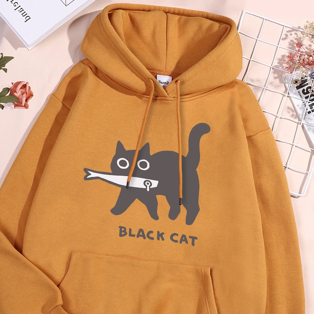 Fun A Black Cat Eating Fish Hoody Men Women Harajuku Fashion Sweatshirt Loose Oversized Streetwear Fleece Warm Couple Hoodies