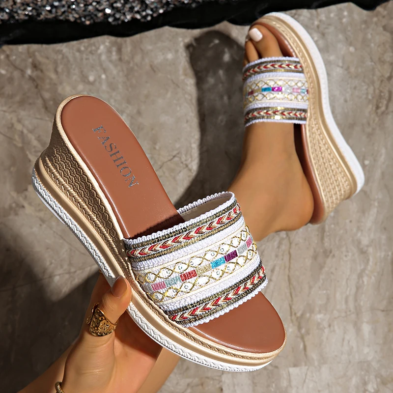 

Bohemian Style Wedges Sandals for Women 2026 Summer High Heels Platform Slippers Woman Plus Size 43 Thick Sole Rome Sandals
