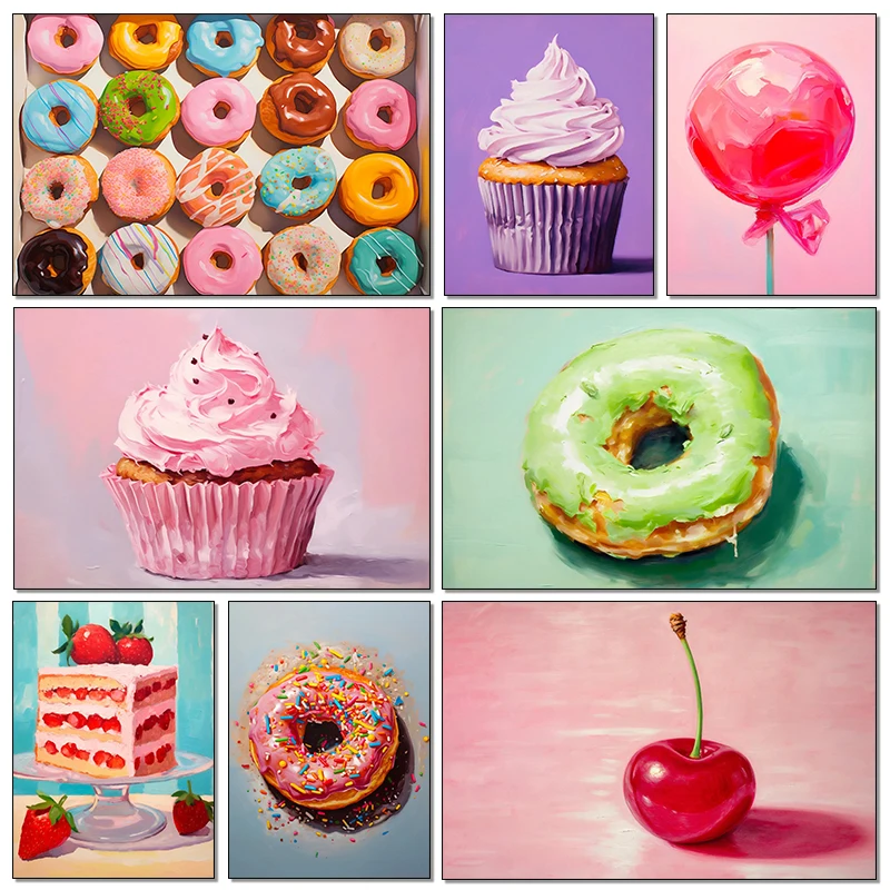 Modern Pink Lollipop Donut Cherry Doughnuts Macarons Cupcake Canvas Painting Print Pop Art Colorful Food Poster Kitchen Decor