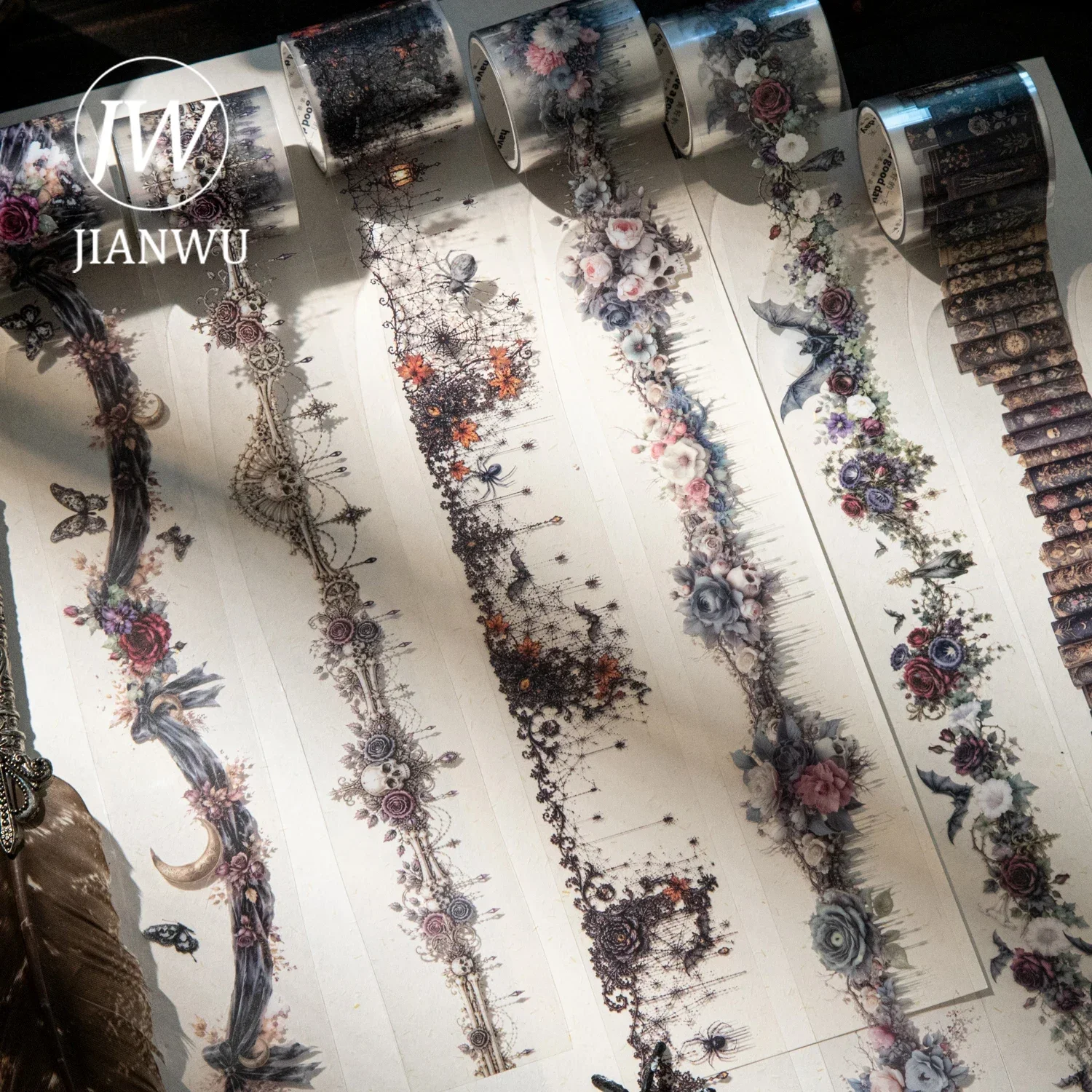 JIANWU 40mm*200cm Vintage Dark Gothic Flower Skull Spiderweb Landscape Material Collage PET Tape Creative DIY Journal Stationery