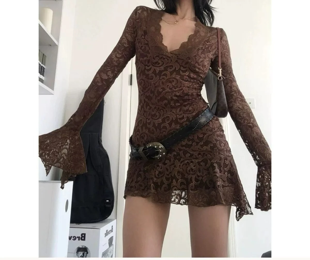 

beltless Vintage Hollow Lace Waist and Thin Asymmetrical See-through Dress