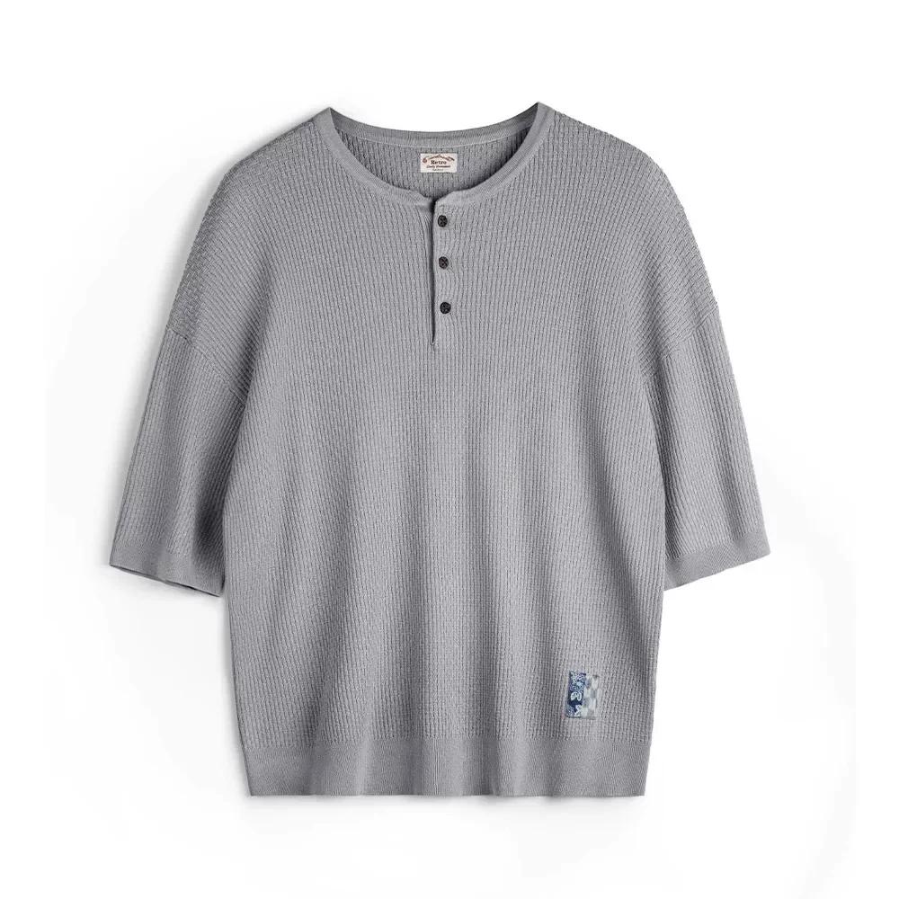 American Bamboo Patterned Henry Shirt Short Sleeved Drape Knit Gray Loose Half Sleeved T-shirt Men's Summer