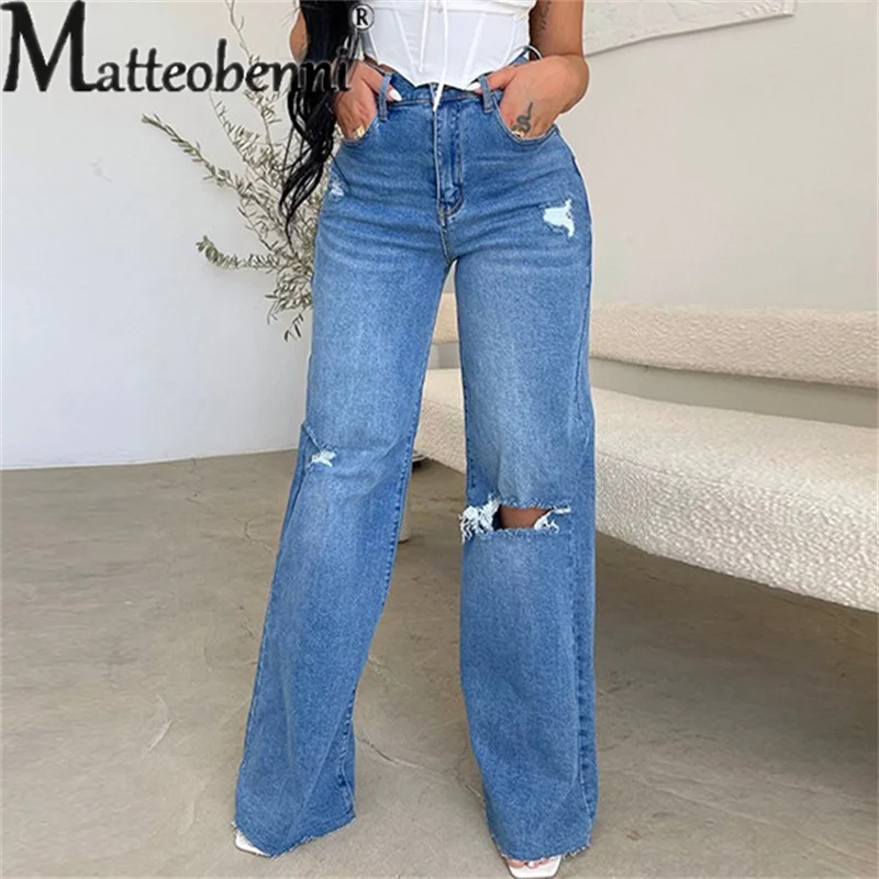 

Fashion High Waist Street Versatile Jeans Women's Straight Wide Leg Denim Pants Female Daily Casual Basic Broken Holes Trousers