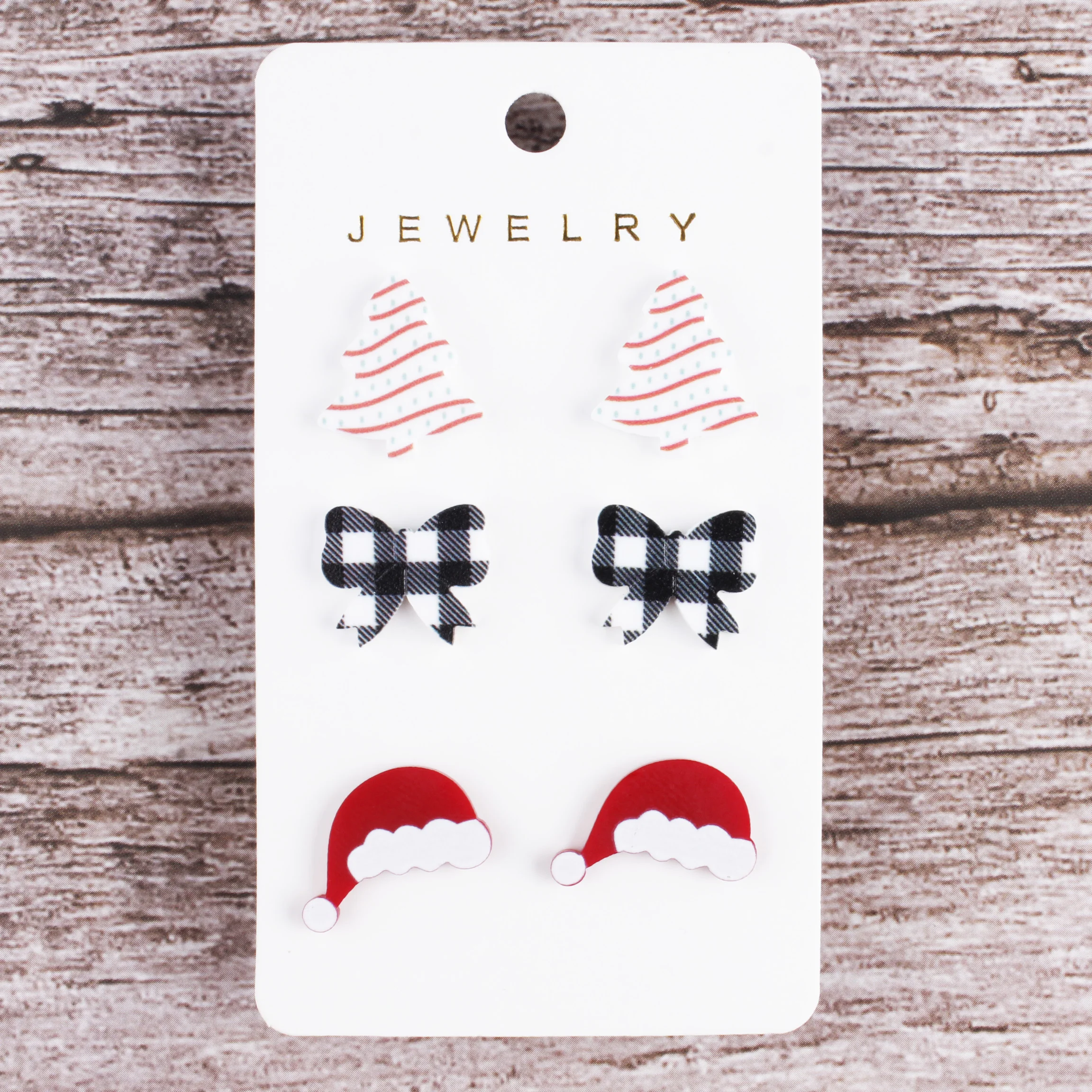 3 Pairs 1 Card Laser Cut Merry Christmas Tree Bowknot Hats HOHOHO Acrylic Stud Earrings COLLECTION