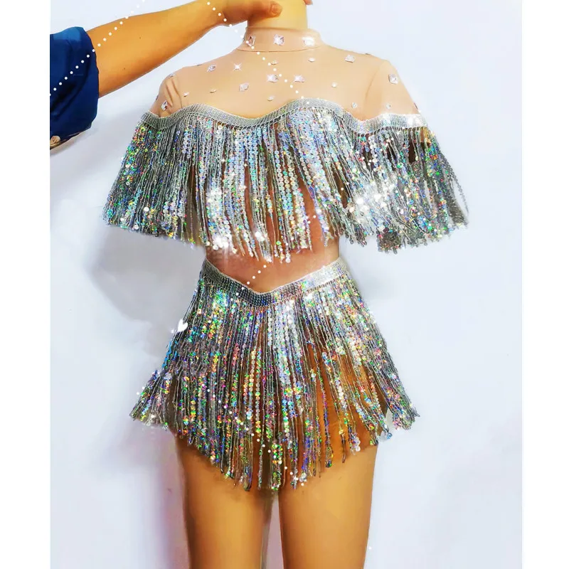 Sparkly Rhinestones Sequins Tassel Mesh Bodysuit for Women Nightclub DJ Pole Dancing Sexy Stage Wear Fringe Leotard Show Costume